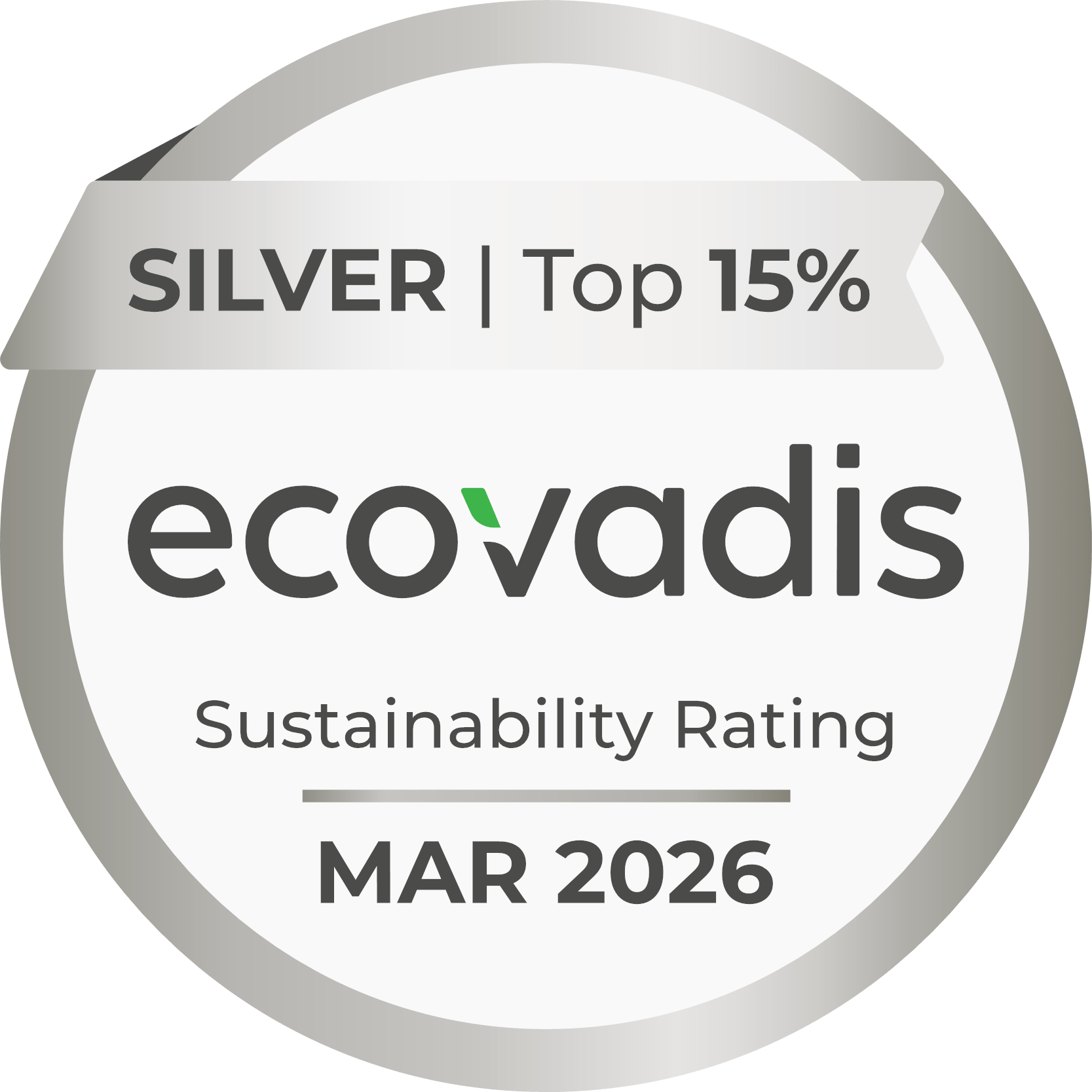 Badge écovadis argent indiquant une note de durabilité dans le top 15 %, valable jusqu'en mars 2026.