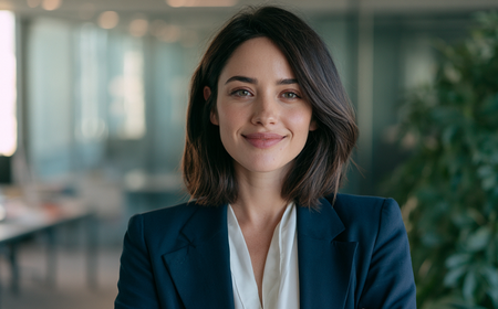 Jeune femme professionnelle souriante portant une veste bleue dans un bureau moderne et lumineux.