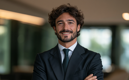 Homme souriant en costume sombre et cravate, bras croisés, dans un bureau flou en arrière-plan.