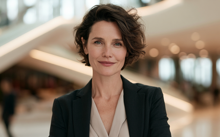 Portrait d'une femme adulte souriante aux cheveux bruns courts, vêtue d'un blazer noir et d'une chemise claire, dans un environnement professionnel flou en arrière-plan.