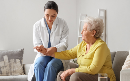 Une professionnelle de santé en blouse blanche assise avec une femme âgée sur un canapé, tenant doucement son avant-bras et montrant une attention bienveillante.