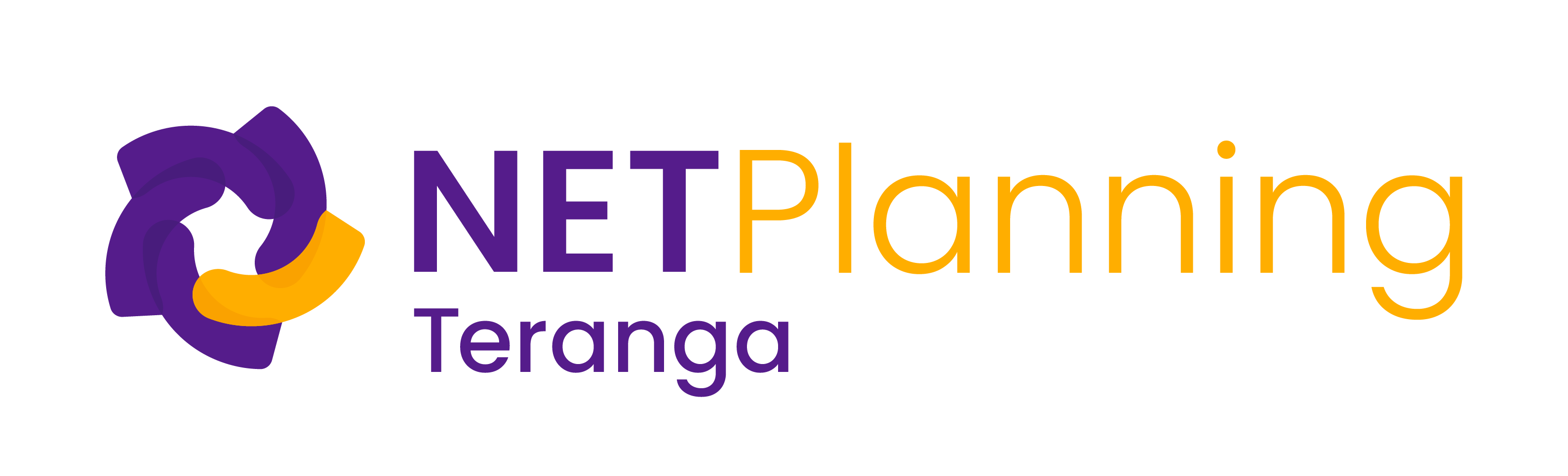 Logo de NETPlanning Teranga avec un motif circulaire abstrait en violet et orange à gauche du texte, où NET est en violet et Planning en orange, avec Teranga en dessous en violet.