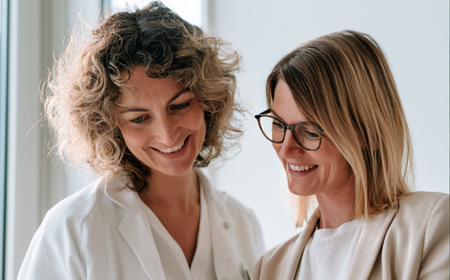 Deux femmes professionnelles souriantes regardant un document ensemble, l'une porte un blouse blanche et l'autre des lunettes avec un blazer beige.