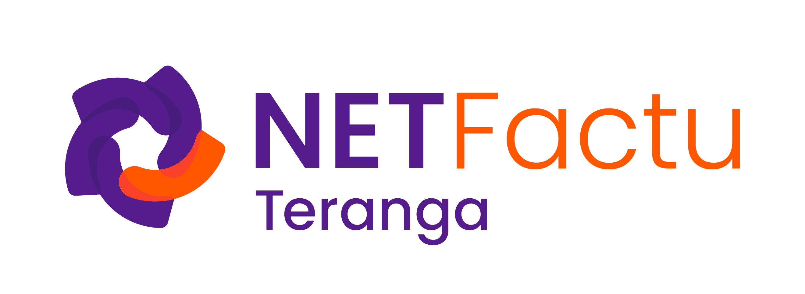 Logo NETFactu Teranga avec un symbole circulaire formé de segments violets et orange à gauche, texte "NET" en violet, "Factu" en orange, et "Teranga" en dessous en violet.