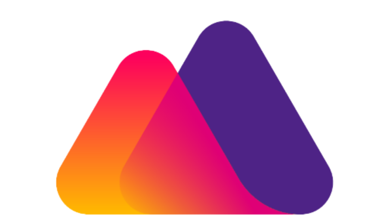Deux formes triangulaires arrondies se chevauchant, la forme à gauche est un dégradé du jaune à l'orange et au rose, la forme à droite est violette.