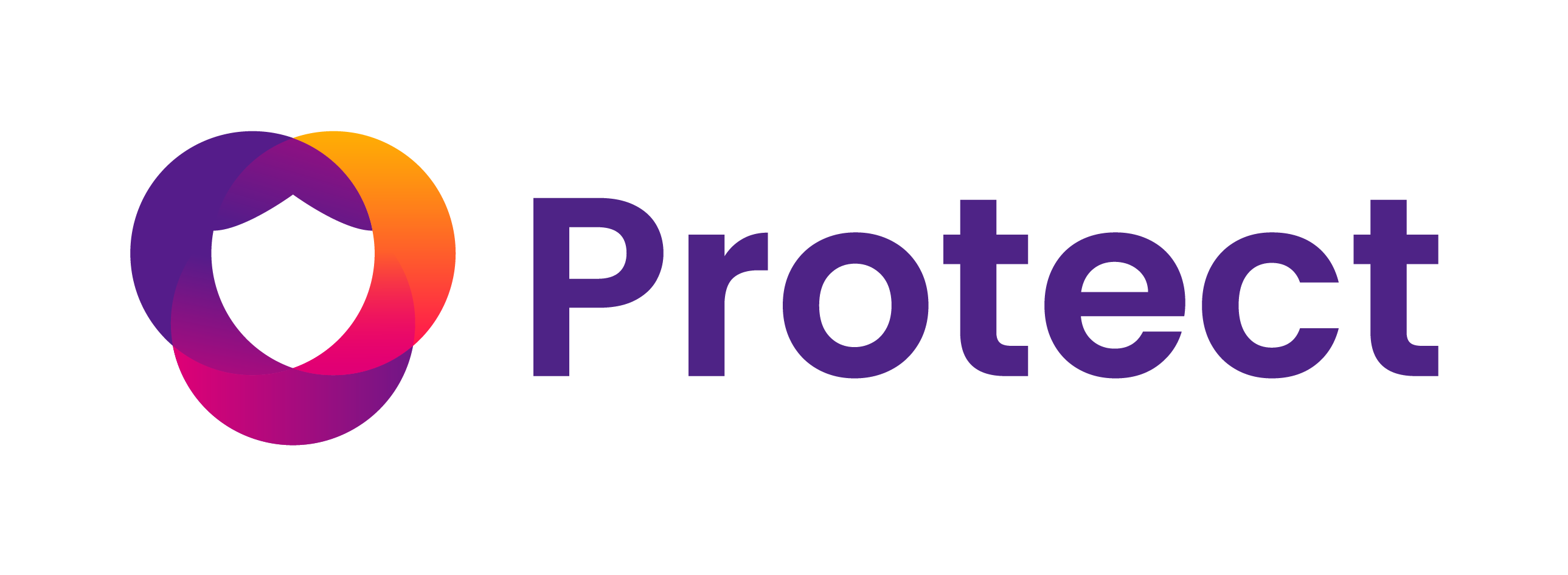 Logo Protect avec un bouclier stylisé formé de trois formes ovales entrelacées en dégradé de violet, orange et rose à gauche du texte.