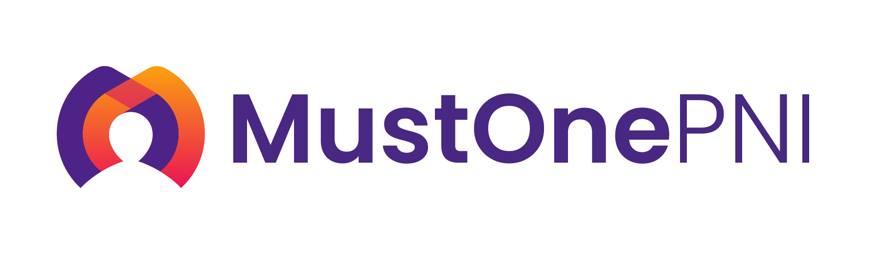 Logo MustOnePNI avec un symbole abstrait composé de formes entrelacées violet, orange et rouge à gauche du texte.