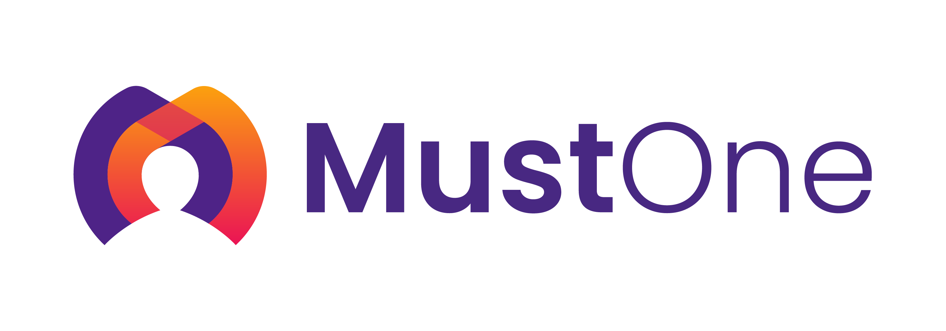 Logo MustOne avec une forme géométrique colorée composée de violet, orange et rouge à gauche et le texte 'MustOne' en violet à droite.