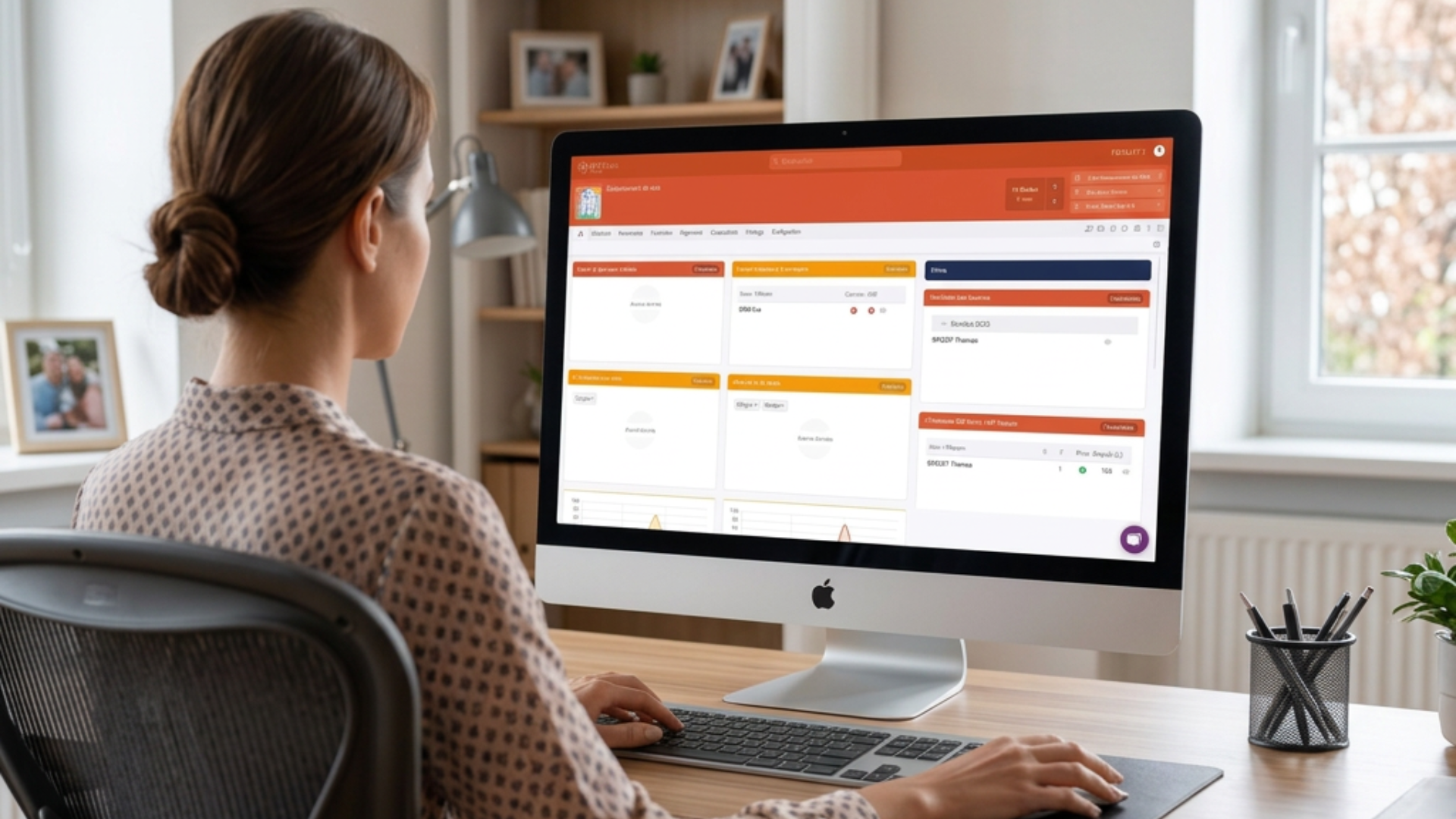 Femme assise devant un ordinateur Apple iMac sur un bureau en bois, utilisant un logiciel affiché à l'écran avec une interface à dominante orange, blanc et bleu, dans un bureau clair avec une fenêtre, un pot à crayons et des photos.