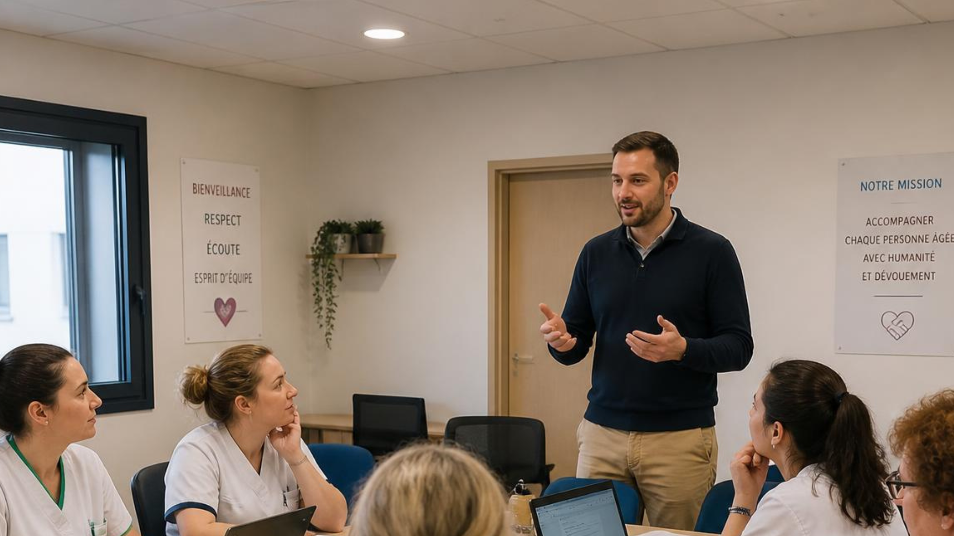 Un homme parlant debout devant quatre professionnelles de santé assises lors d'une réunion dans une salle de conférence avec des affiches sur les valeurs et la mission affichées aux murs.