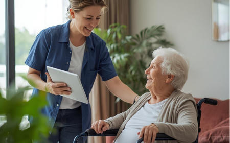 Jeune femme souriante tenant une tablette, parlant avec une personne âgée en fauteuil roulant dans un intérieur lumineux avec plantes.