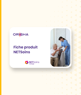 Carte produit pour NETSoins par ORISHA montrant une femme jeune aidant une personne âgée à se lever d'une chaise, avec les logos ORISHA et NETSoins Teranga.