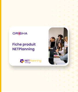 Une carte blanche avec le logo ORISHA en haut à gauche, le texte "Fiche produit NETPlanning" au centre-gauche, et une photo à droite montrant un groupe de personnes en réunion autour d'un bureau. En bas à gauche, le logo NETPlanning Teranga est visible.